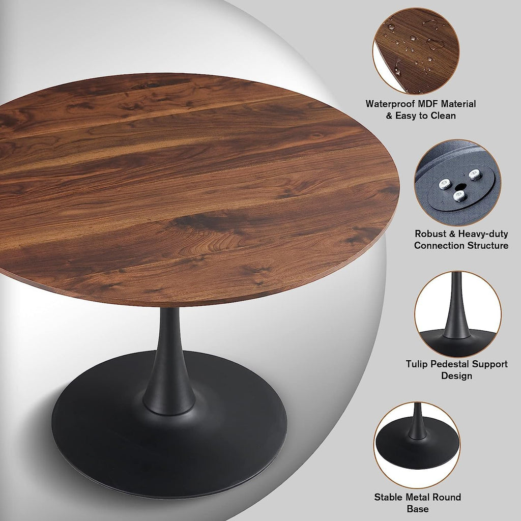 42 Inch Walnut Round Dining Table for 4, Tulip Dining Table with Thickened Tabletop & Sturdy Metal Pedestal, Mid