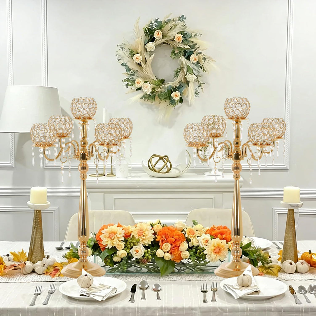 2Sets 5 Arm Gold Crystal Candelabra Centerpieces for Table,29.5 Inch Tall Metal Candlestick Holdersrty Table Decoration