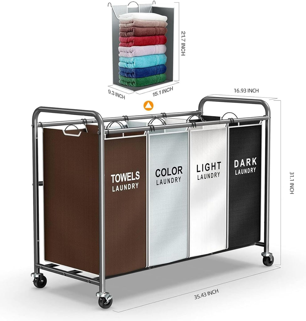 Laundry Hamper Sorter Cart, 4-Section Organizer with Lockable Wheels | Heavy-Duty 180L Rolling Laundry Basket with