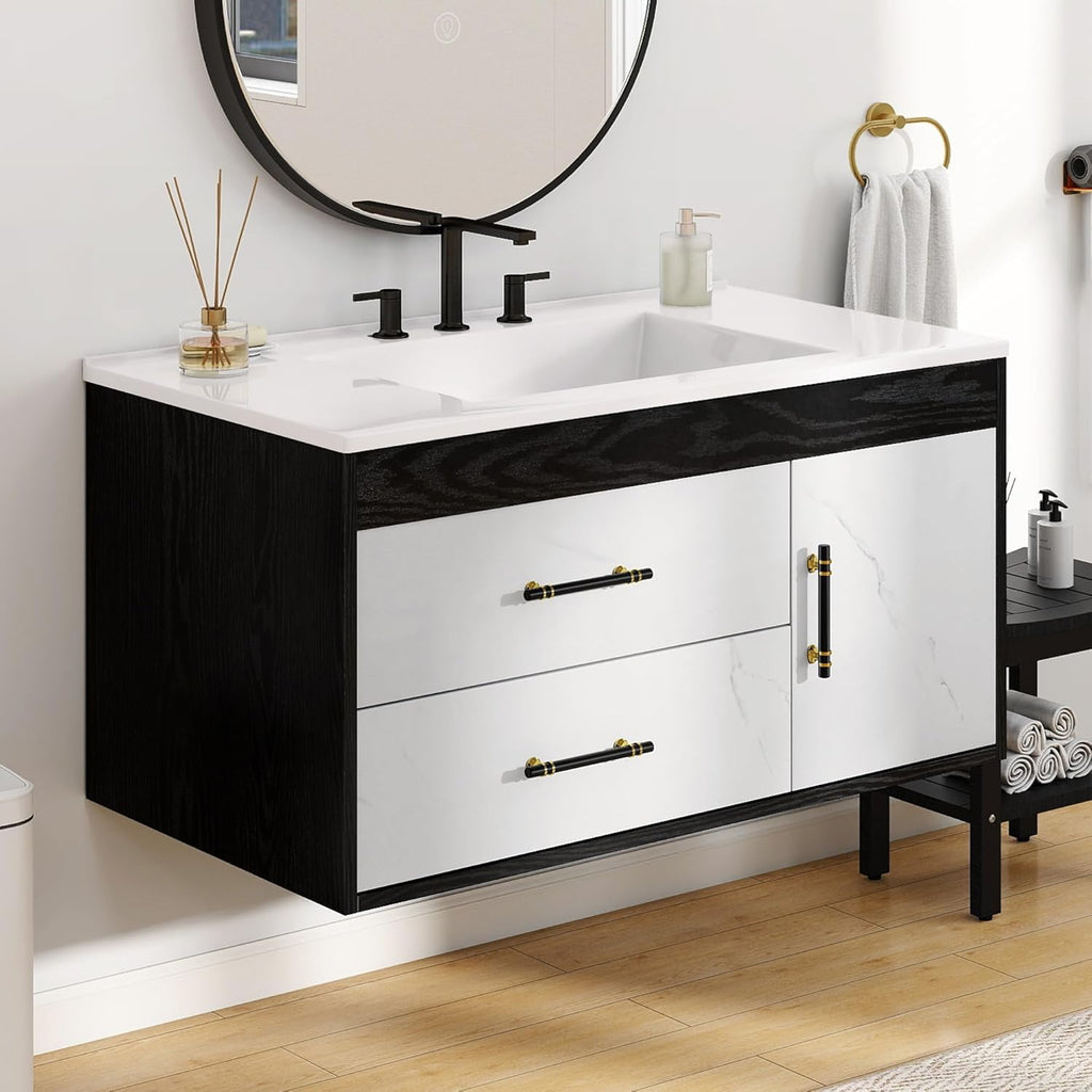 36 Floating Vanity with Sink, Wall Mounted Bathroom Cabinet Vanity with Soft-Close System Cabinet, Marble Pattern