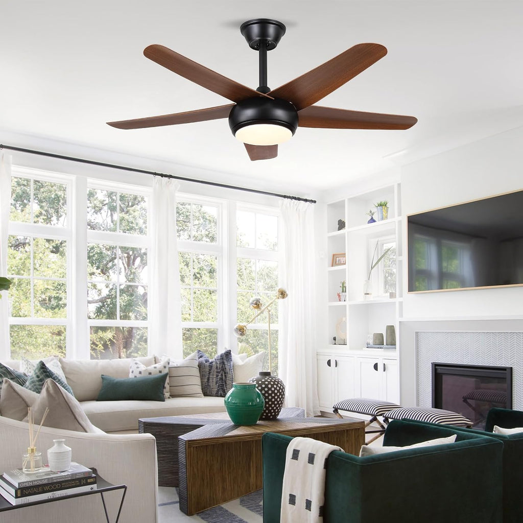 Low Profile Flush Mount Ceiling Fan with Lights - 44IN Modern Indoor/Outdoor Ceiling Fan Light with Remote/APP, Reversible DC Motor with 6 Speeds, Dimming, Brown