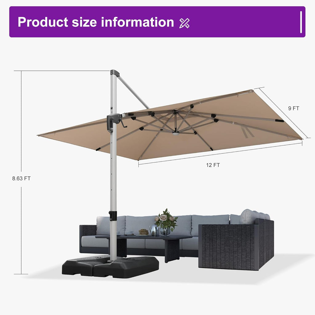 9' X 12' Patio Umbrella with Lights Outdoor Rectangle Cantilever Umbrella Solar Powered LED with 360-degree Rotation