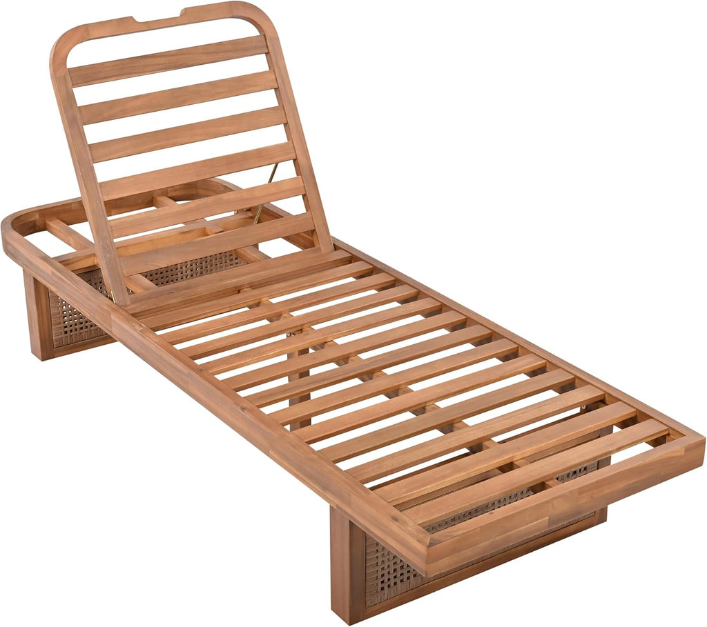 Acacia Wood Patio Chaise Lounge with Cushion, Outdoor Patio Sun Lounger Recliner Chair, Adjustable Backrest