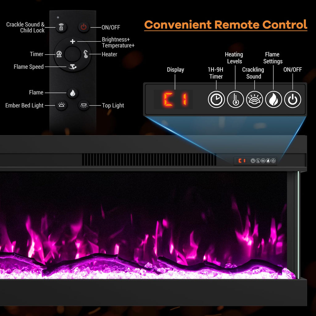 70" 3 Sided Electric Fireplace Insert, 3D LED Realistic Flame, Built-in Recessed Linear Fireplace Heater with Remote
