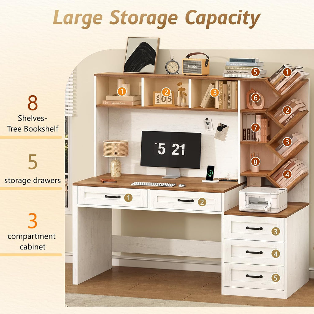 Computer Desk with Hutch & 5 Drawers, Home Office Desk with Storage Shelves and Printer Stand