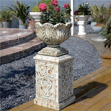 Outdoor Magnesium Oxide Urn Planter, Retro Distressed Flower Pots | Pedestal Planter with Embossed Design
