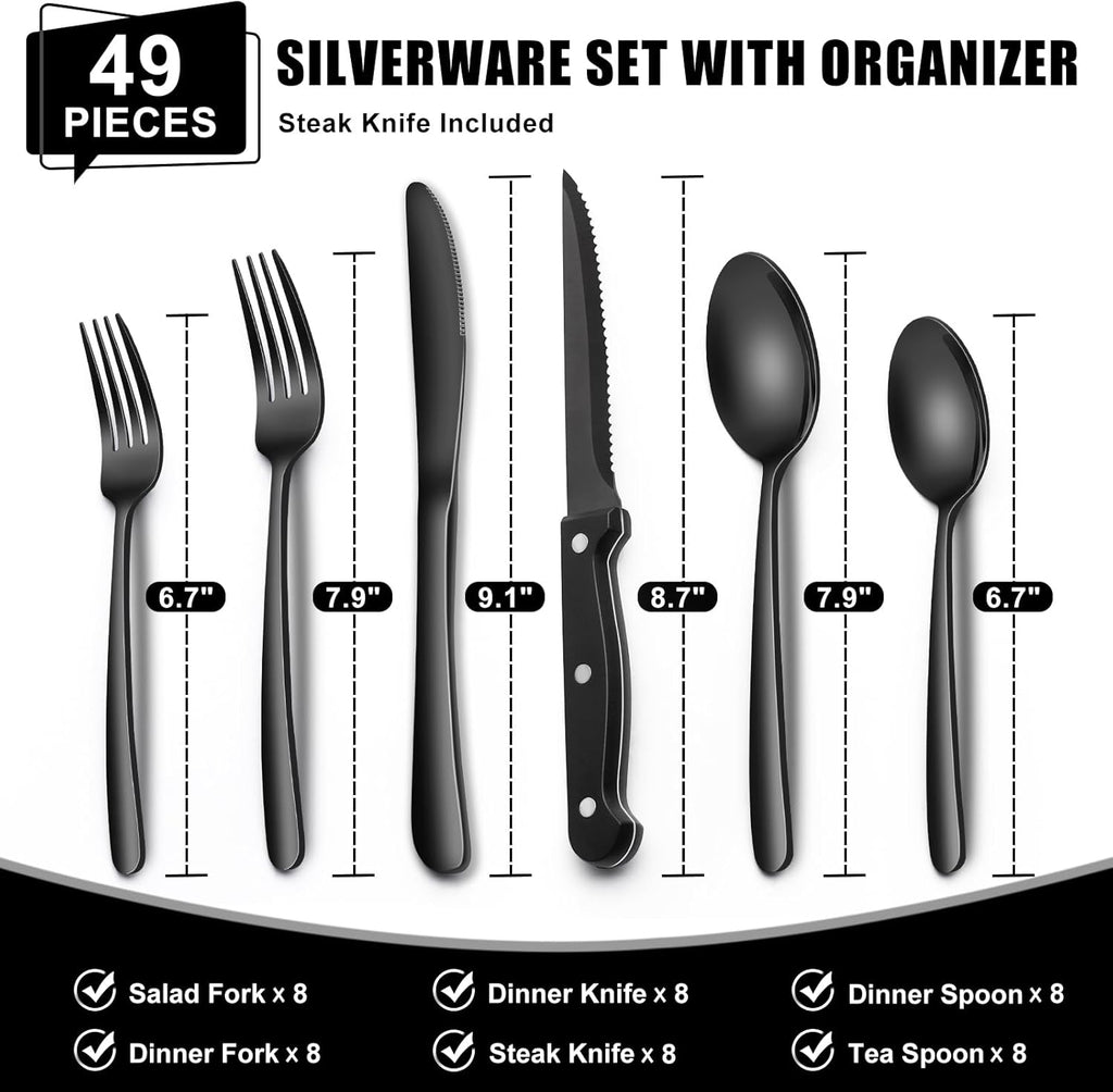 49-Piece Black Silverware Set with Organizer, Heavy Duty Stainless Steel Flatware for 8