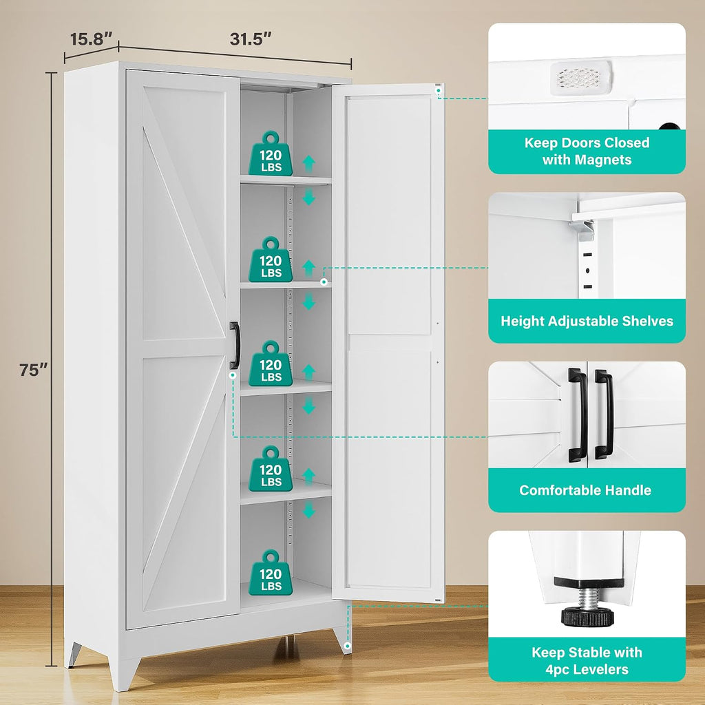 75" Tall Pantry Cabinet,Farmhouse Kitchen Pantry Storage Cabinets with 2 Doors and 5 Shelves,White Metal Storage