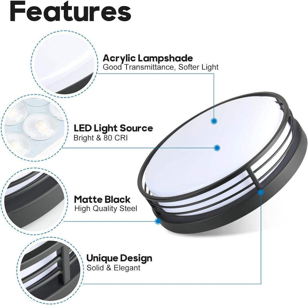 13 Inch Matte Black Flush Mount Ceiling Light, 23W LED Ceiling Lighting Fixture with