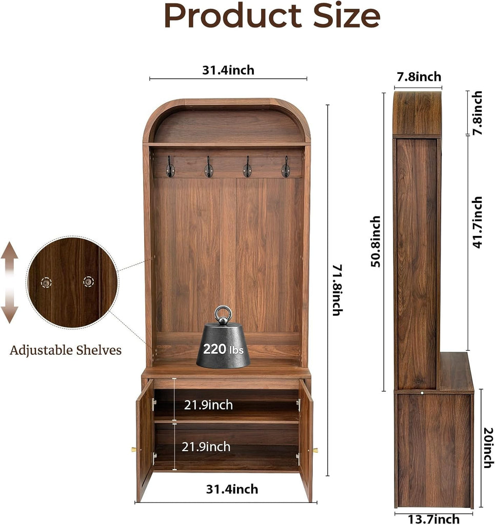 Narrow Entryway Hall Tree with Storage Bench, Modern Fluted Coat Rack and 2-Door Shoe Cabinet , Arched Mudroom