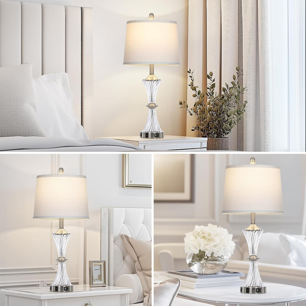 Crystal Glass Table Lamp with USB C+A Ports & AC Outlet,White Clear Modern Bedroom Lamp