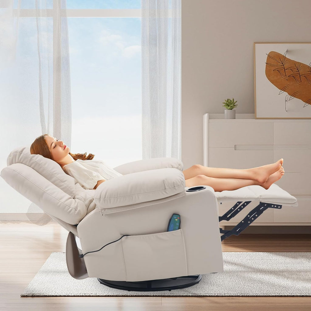 Leather Swivel Rocker Recliner Massage Nursery Rocking Glider Chair, White | Wide Seat, Overstuffed, Cup Holders