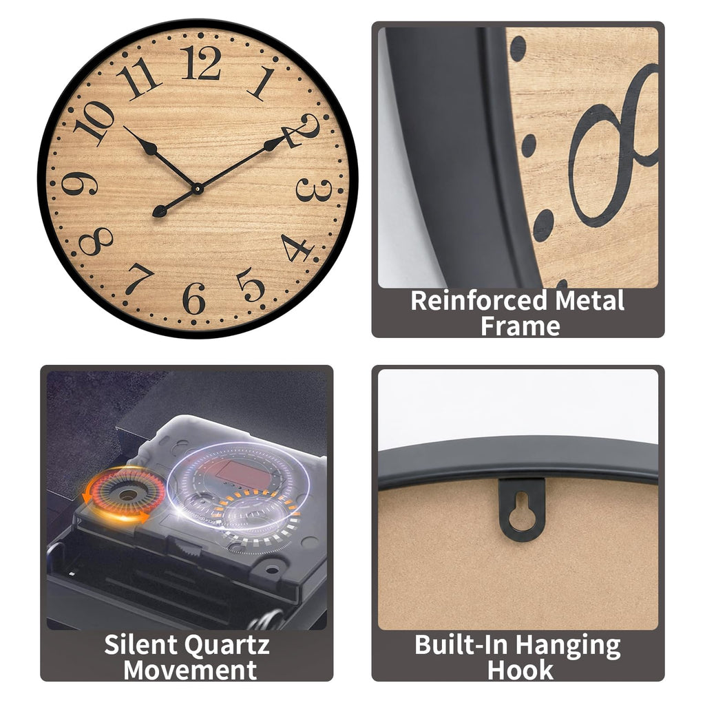 30 Inch Rustic Farmhouse Wall Clock, Large Silent Wooden Wall Clock with Natural Wood Grain Face & Black Metal Frame