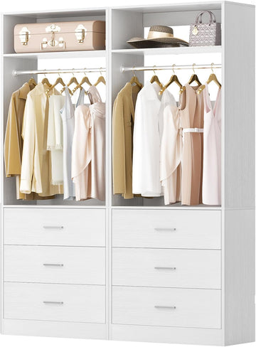 4FT Closet Systems with 6 Wood Drawers, Closet System Set of 2 | 48" Closet Organizer System with 2 Hanging Rods & 2