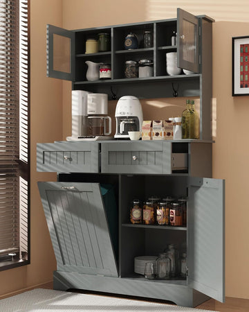 Trash Can Cabinet, Tilt Out Trash Cabinet w/Stroge, Dog-Proof, Gray