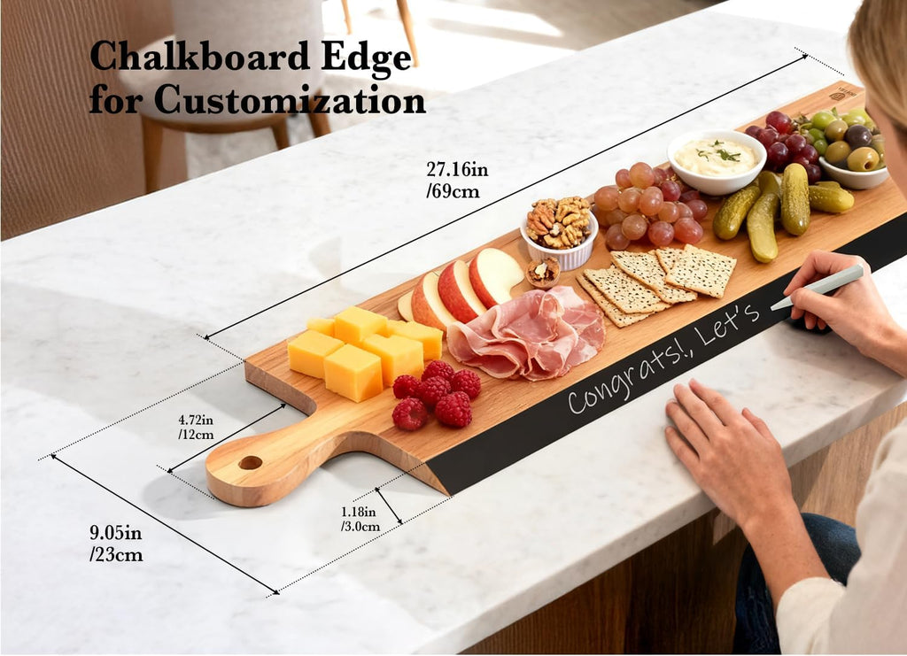 32" Acacia Charcuterie Board with Handle - Extra Long Serving Platter with Chalkboard Edge for Cheese, Meat &