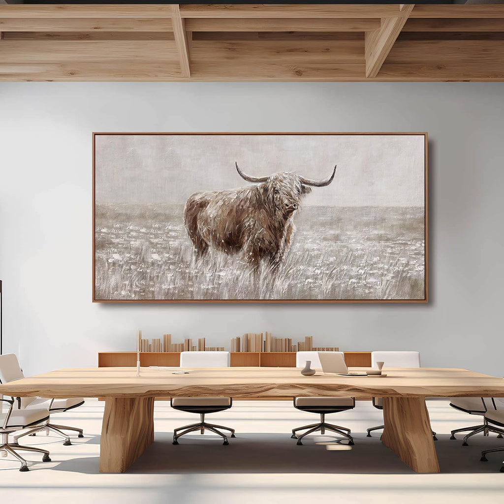 Farmhouse Highland Cow Wall Decor on Canvas with Framed Large Landscape Brown Artwork Living Room Office Decor