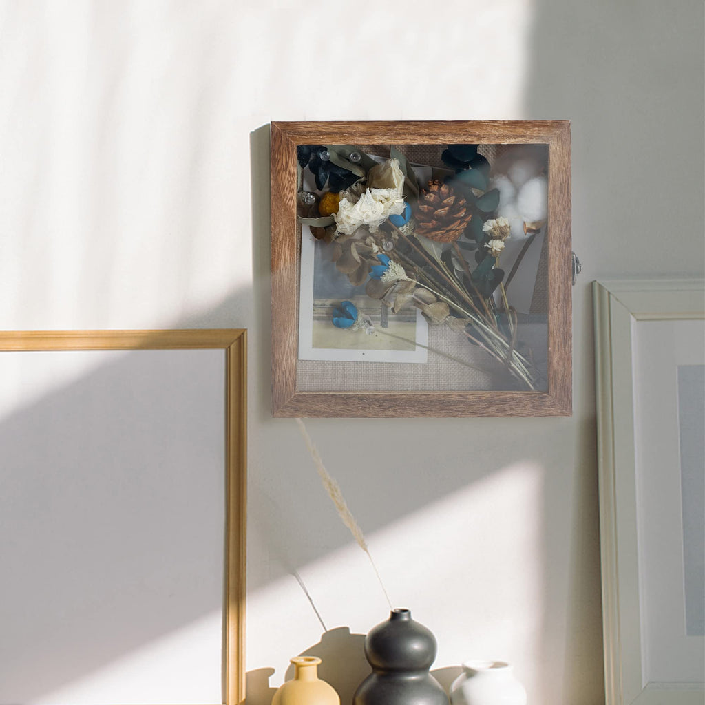 Shadow Box Frame 8x8 Display Case with Linen Back, Real Glass Window Door with Hinge, Picture Frame Wedding Bouquet