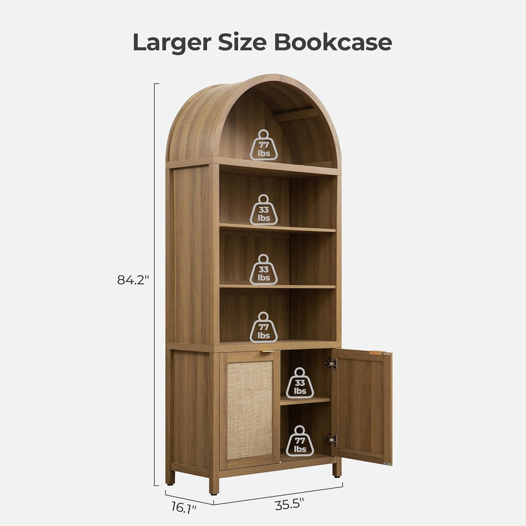 Book Shelf Arched Cabinet Bookshelf Arch 84.2" Tall Bookcase 5 Tier Large Bookshelves with Doors Storage Rattan Boho