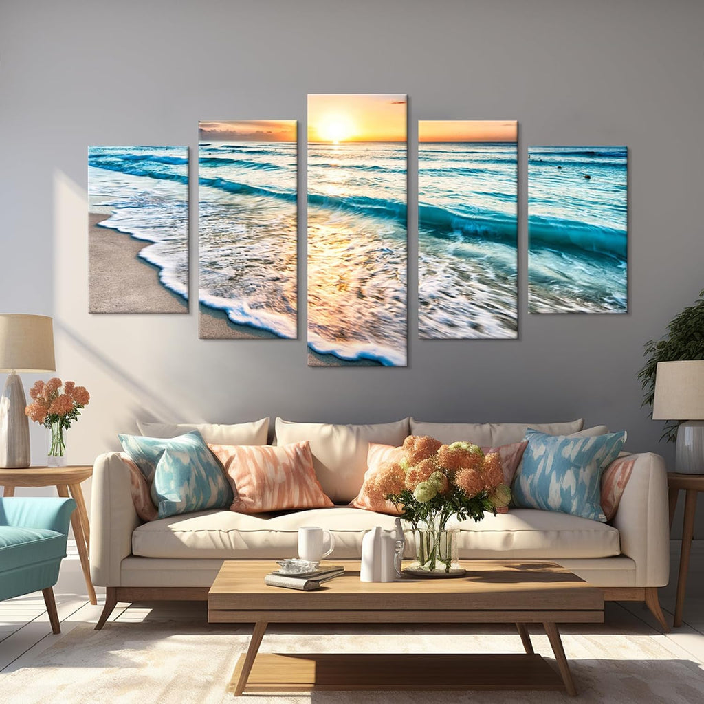 5 Pieces Beach Coastal Wall Art Sea Sunset Seascape Pictures Ocean Photography Canvas Large Horizontal Landscape