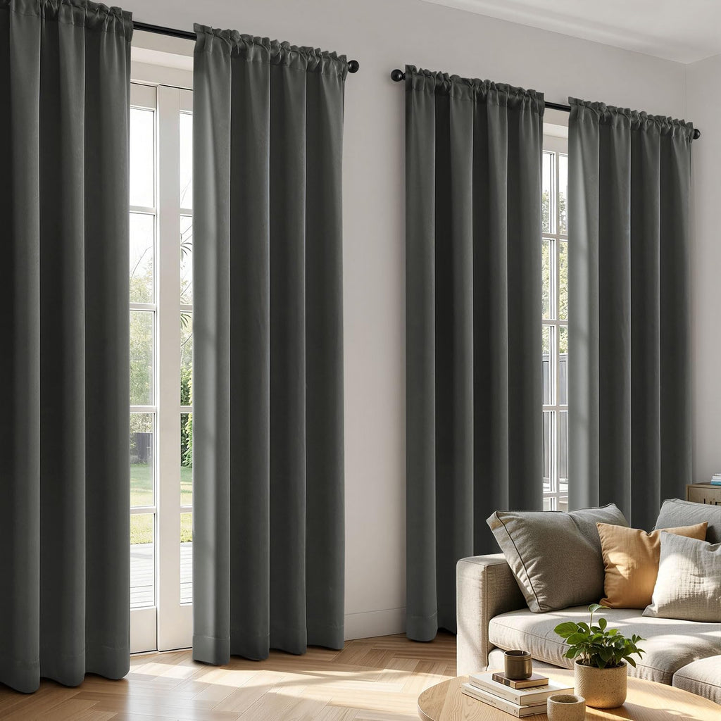 Blackout Curtains 4 Panels Sets Dark Grey, Top and Bottom Rod Pocket Room Darkening Curtains