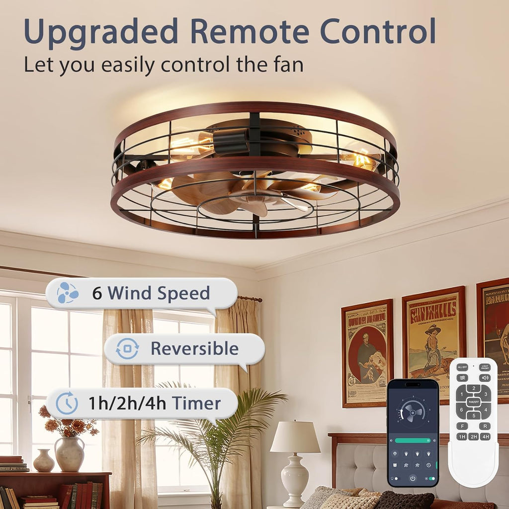 Farmhouse Caged Ceiling Fans with Lights Flush Mount, 23.6'' Rustic Low Profile Ceiling Fan with Light and Remote