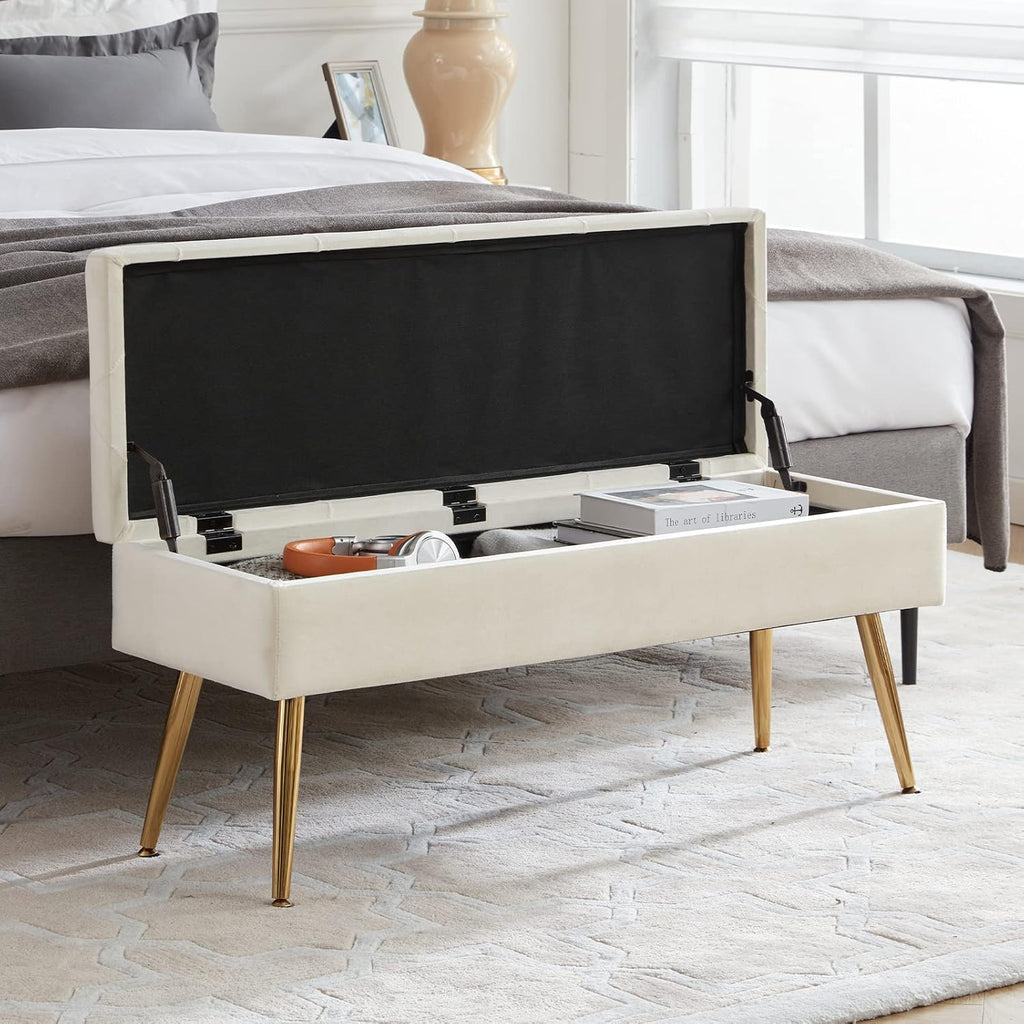 Bench Storage Ottoman Bench with Storage for End of Bed Entryway Cream Velvet