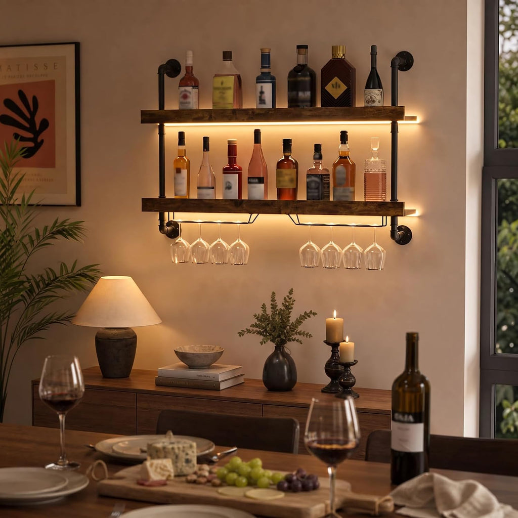 2-Tier Wall Mounted Wine Rack with LED Lights,47.2" W