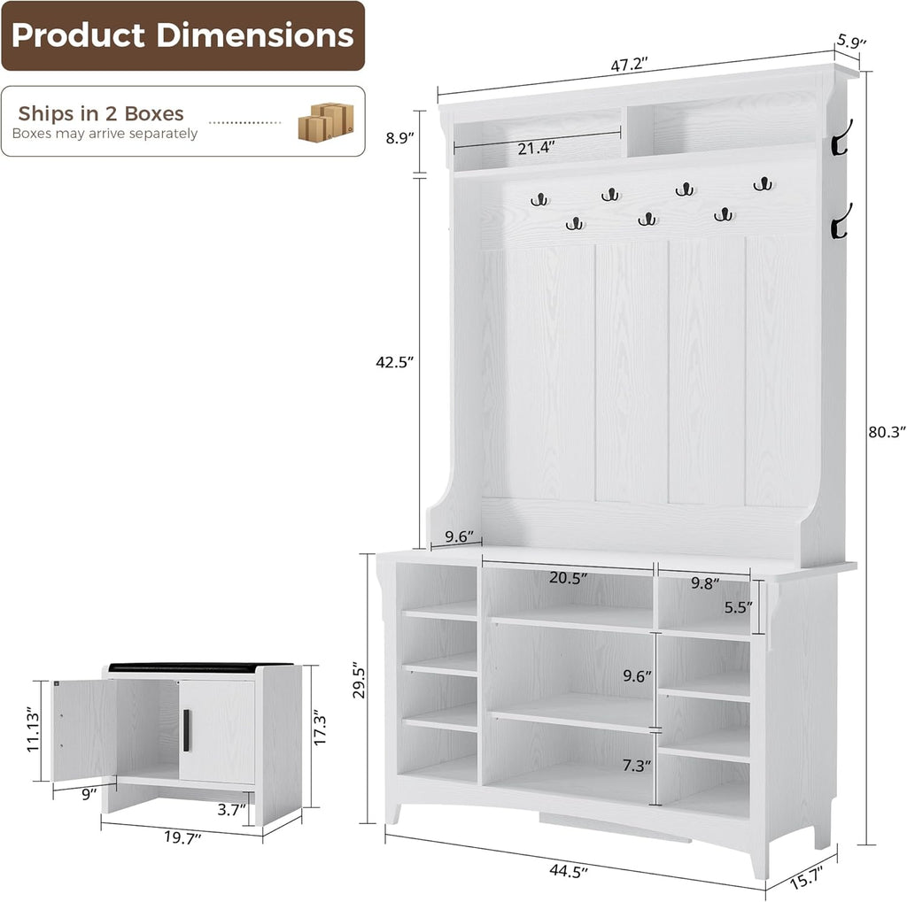 80" H 47" W Large Hall Tree with Bench and Shoe Storage, 6-in-1 Entryway Bench with Coat Rack, Adjustable Shelf