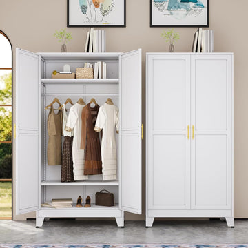 71 "Metal Armoire Wardrobe Closet, Steel Clothing Storage Cabinet with Adjustable Shelves and Hanging Rod, Household