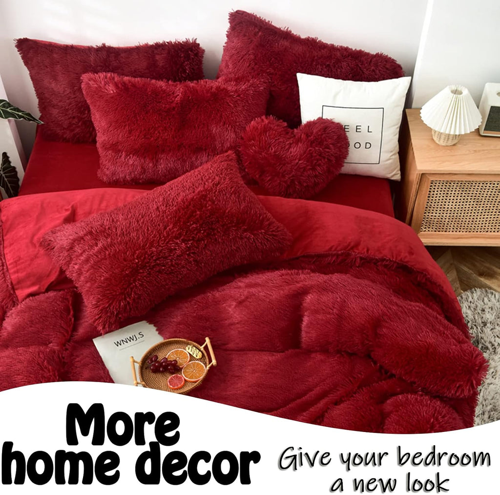 Fluffy Heart Throw Pillows, Shaggy Decorative Pillow, Cute Room Decor Decorations for Women Girls Kids (Dark Red)