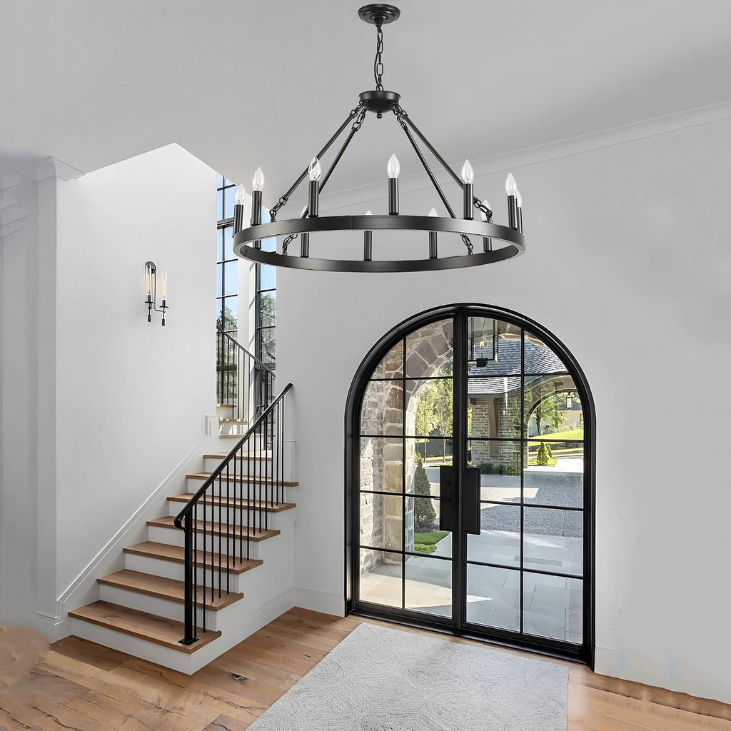 Black Wagon Wheel Chandelier 32 inch,12-Light Farmhouse Wagon Wheel Chandeliers Round Industrial Ceiling Light