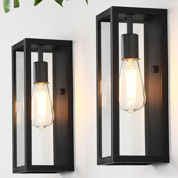Exterior Outdoor Wall Sconces Lights 2Packs, 12.6'' Matte Black Waterproof Outdoor Wall Porch Lights with Clear Tempered Glass Shade, Exterior Outside Garage Lighting Lanterns, Bulb Not Included