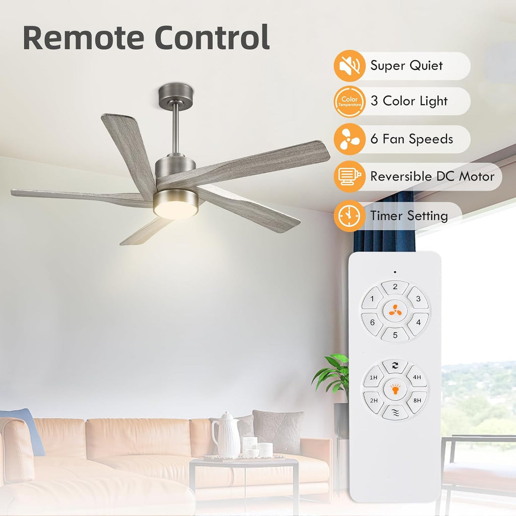 64" ABS DC Ceiling Fan with Lights, 5 Blade ABS Wood Grain Ceiling Fan with Remote, 6-Speed Reversible DC Motor