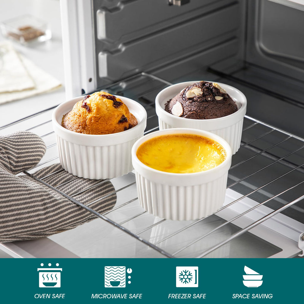 8 oz with Lid, Porcelain Creme Brulee Souffle Dishes, White Pudding Custard Cups Ramiken for Baking, Dishwasher and