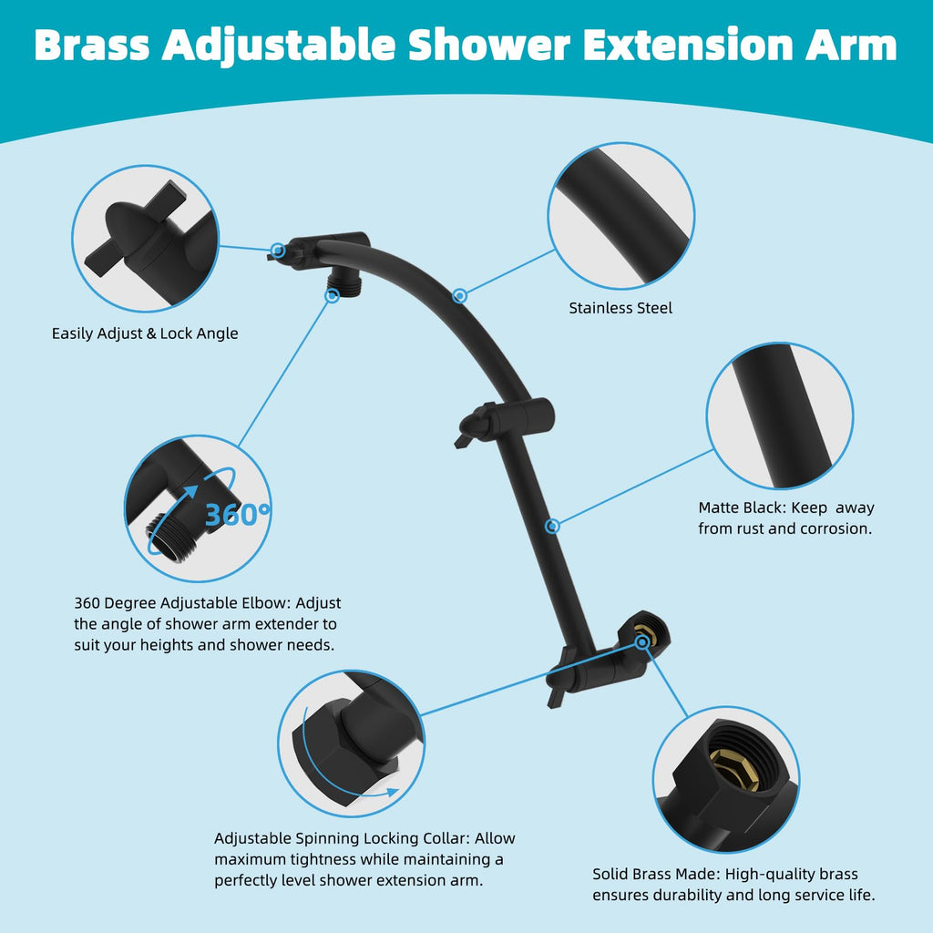 Rain Shower Head, 13'' High Pressure Rainfall 5 Spray Mode Showerhead with 16" Shower Head Extension Arm, Solid Brass