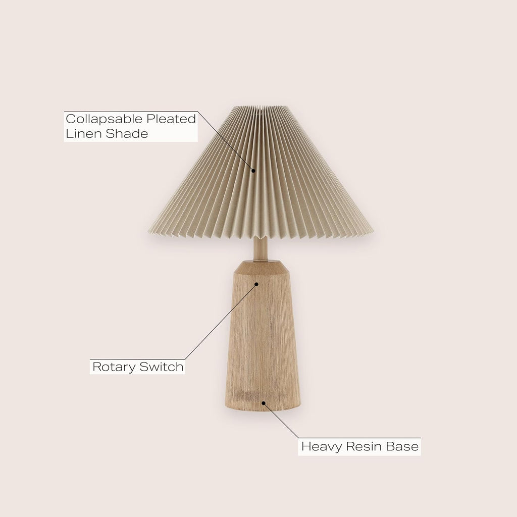 20.5" Beige Wood Finish Resin Cylinder Table Lamp Modern Rustic Scandinavian Bedside Lamp Bedroom with Black Pleated