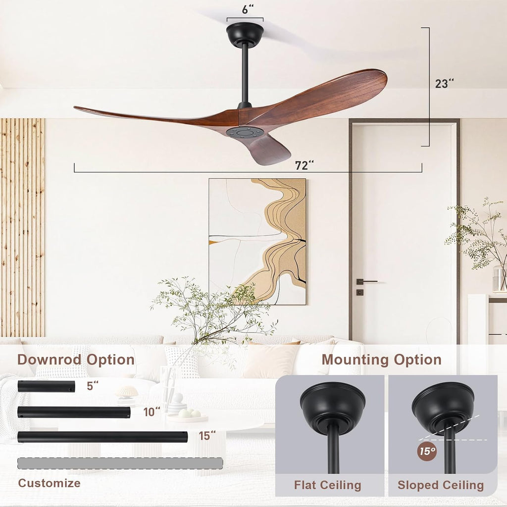 72 inch Ceiling Fan No Light，Indoor Outdoor 3 Blade Wood Ceiling Fans Without Lights for Patios Living Room Bedroom