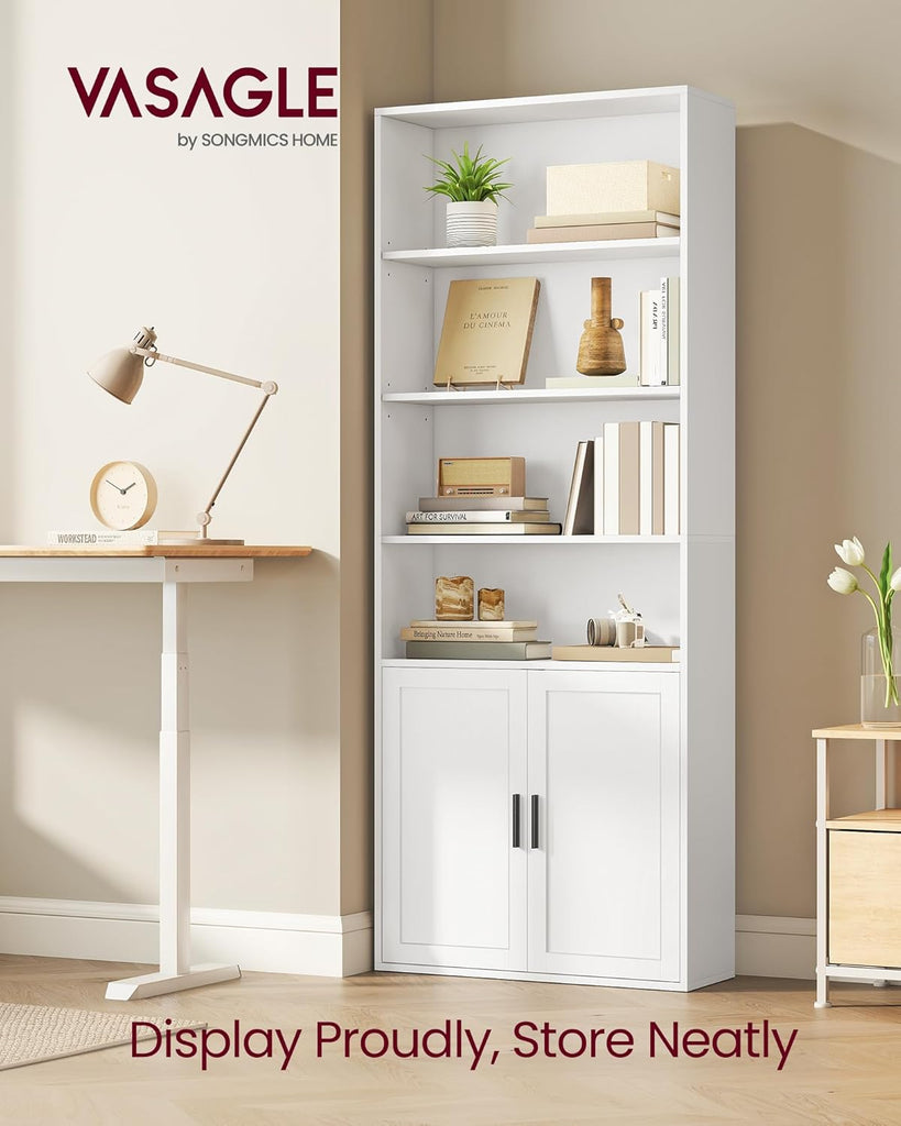 Bookshelf, 6-Tier Tall Bookcase, Book Shelf with Doors, Open Storage Shelf