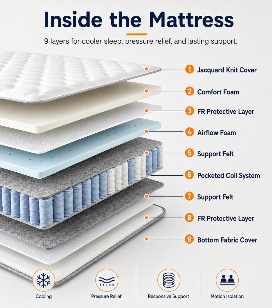 King Size Mattress 14Inch, Medium Firm Fiberglass-Free Hybrid Mattress Memory Foam Individually Pocket Coils with