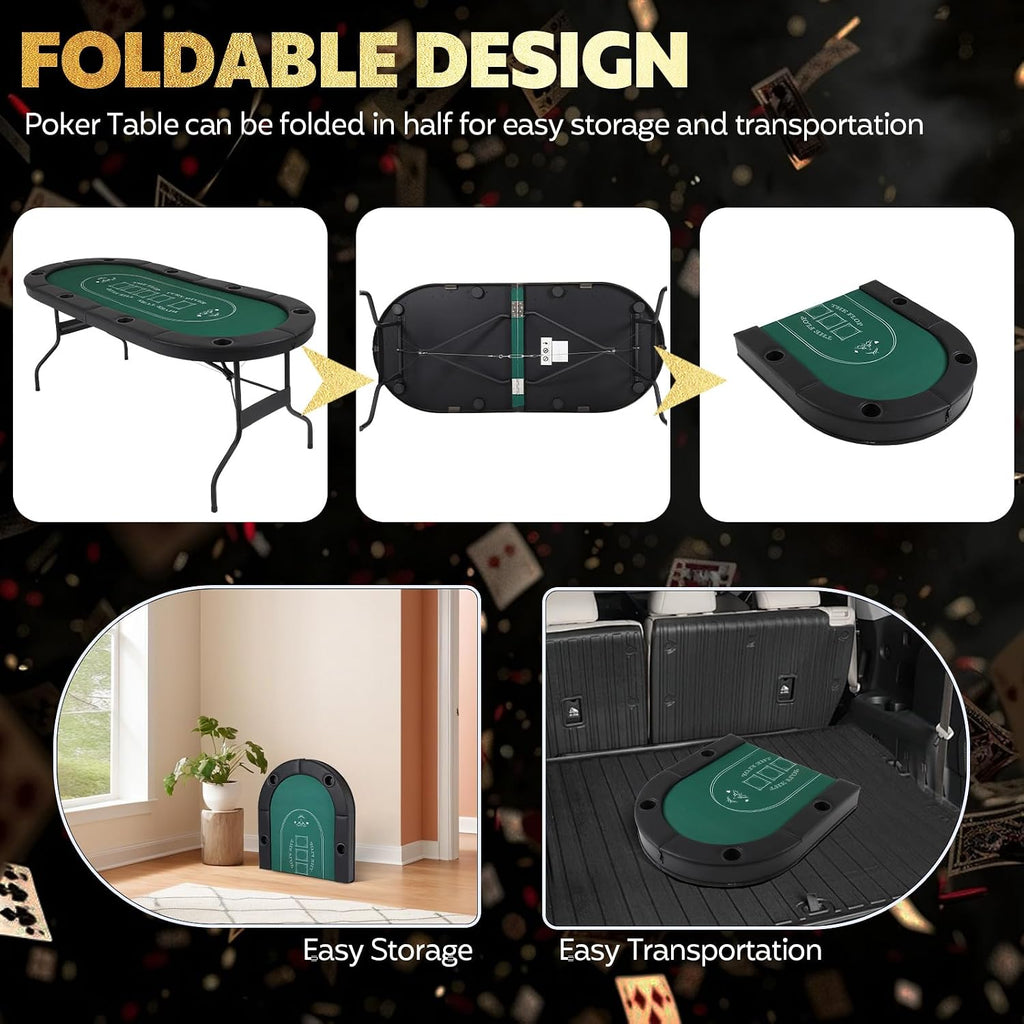 72" Portable Poker Table, Folding Poker Table, 8 Player Texas Holdem Blackjack Table with 8 Cup Holders, Padded