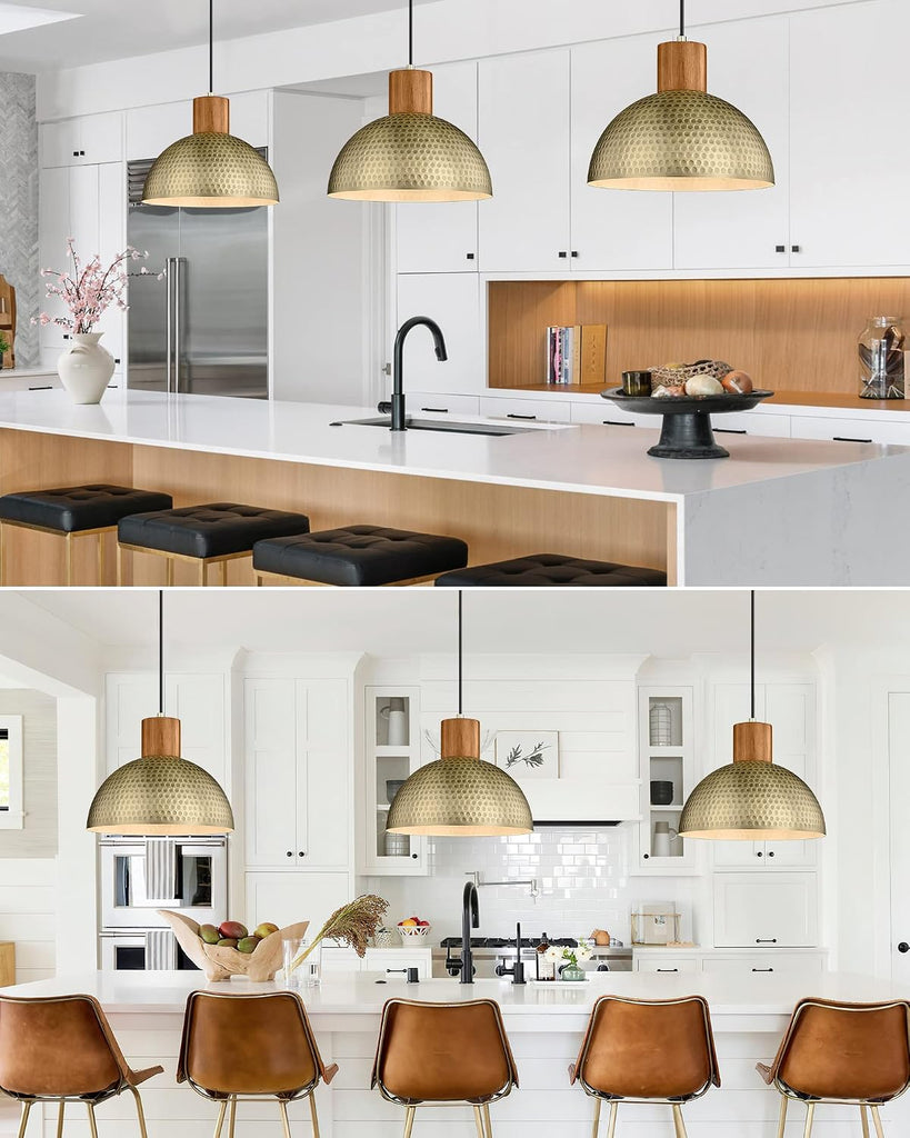 2 Pack Hammered Pendant Lights 12" Vintage Metal & Wood Dome Hanging Lamp Antique Gold Industrial Kitchen Pendant
