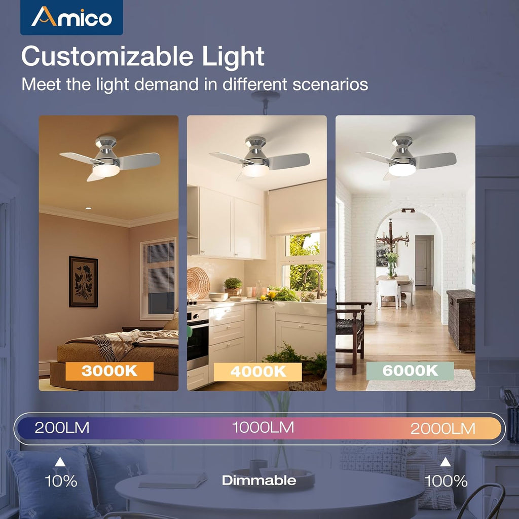 Ceiling Fans with Lights, 30 inch Low Profile Ceiling Fan with Light and Remote Control, Flush Mount, Reversible, 3CCT, Dimmable, Noiseless, Nickel Ceiling Fan for Bedroom, Indoor/Outdoor Use