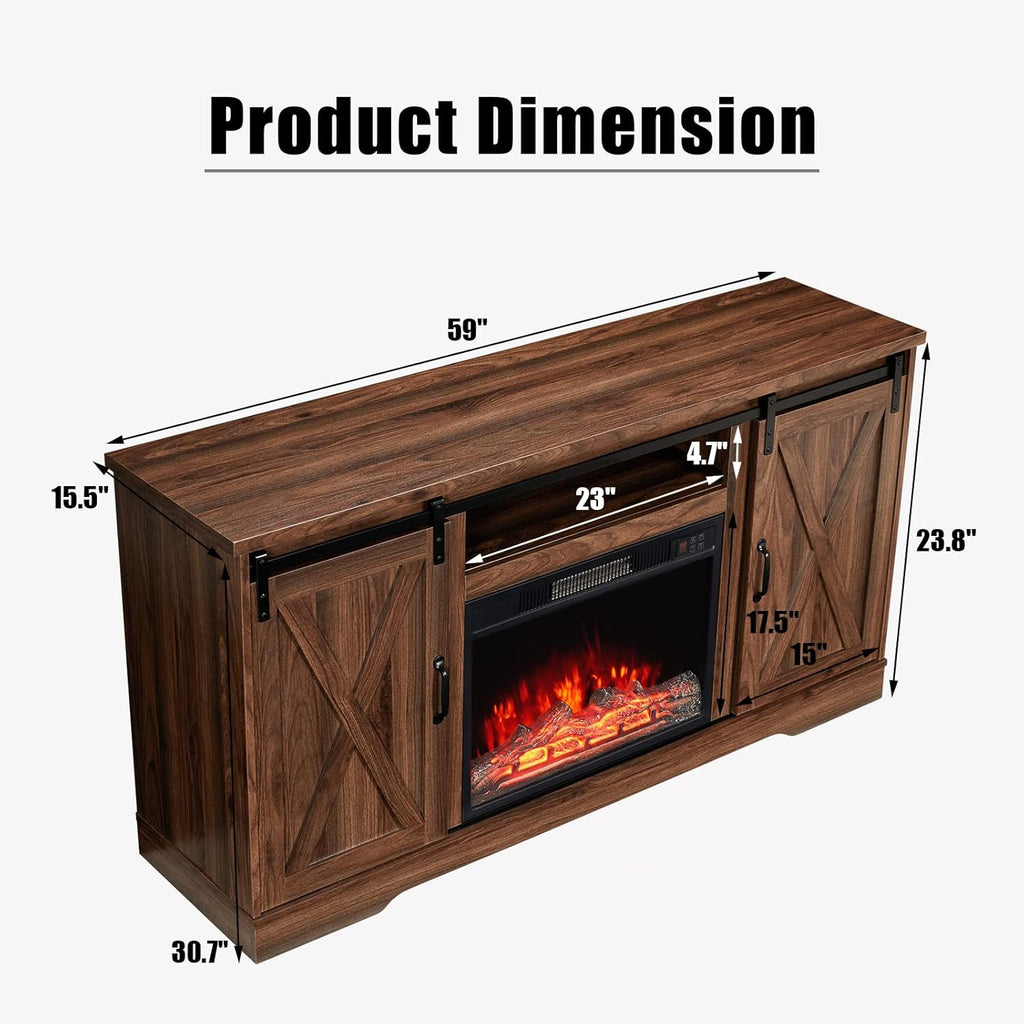 59 Inch Farmhouse Fireplace TV Stand for TVs up to 65 Inches, Entertainment Center with Sliding Barn Door, Storage Cabinets and Adjustable Shelves, Dark Walnut