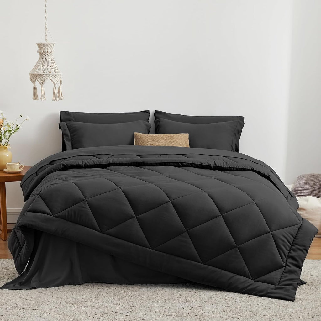 Queen Comforter Set Black, 7 Pieces Queen Bed in a Bag, All Season Bedding Sets with 1 Comforter, 1 Flat Sheet, 1 - Set of 7