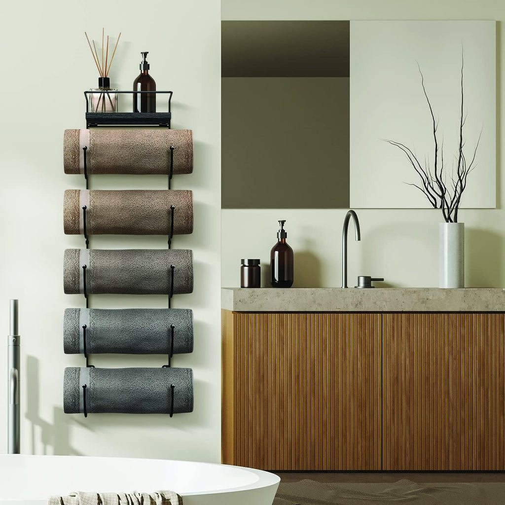 Bathroom Towel Holder - 5 Tier Metal Towel Rack with Wood Shelf for Rolled Bath Towels, Washcloths, Linens, Hand