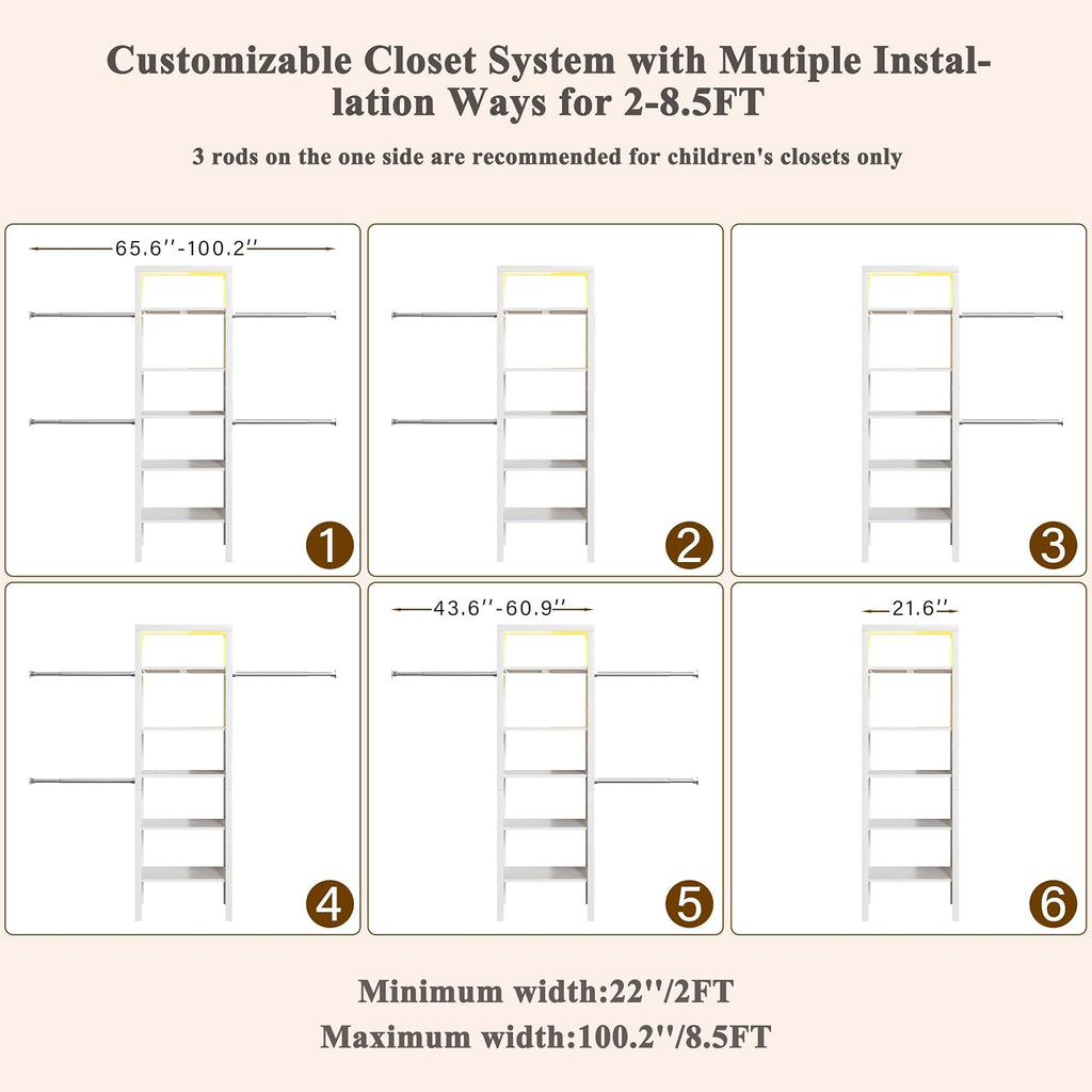 100'' Closet System with 4 Hanging Rods & LED Lights, 2-8 FT Wood Closet Organizer Systems with 5 Shelves, 6 Height
