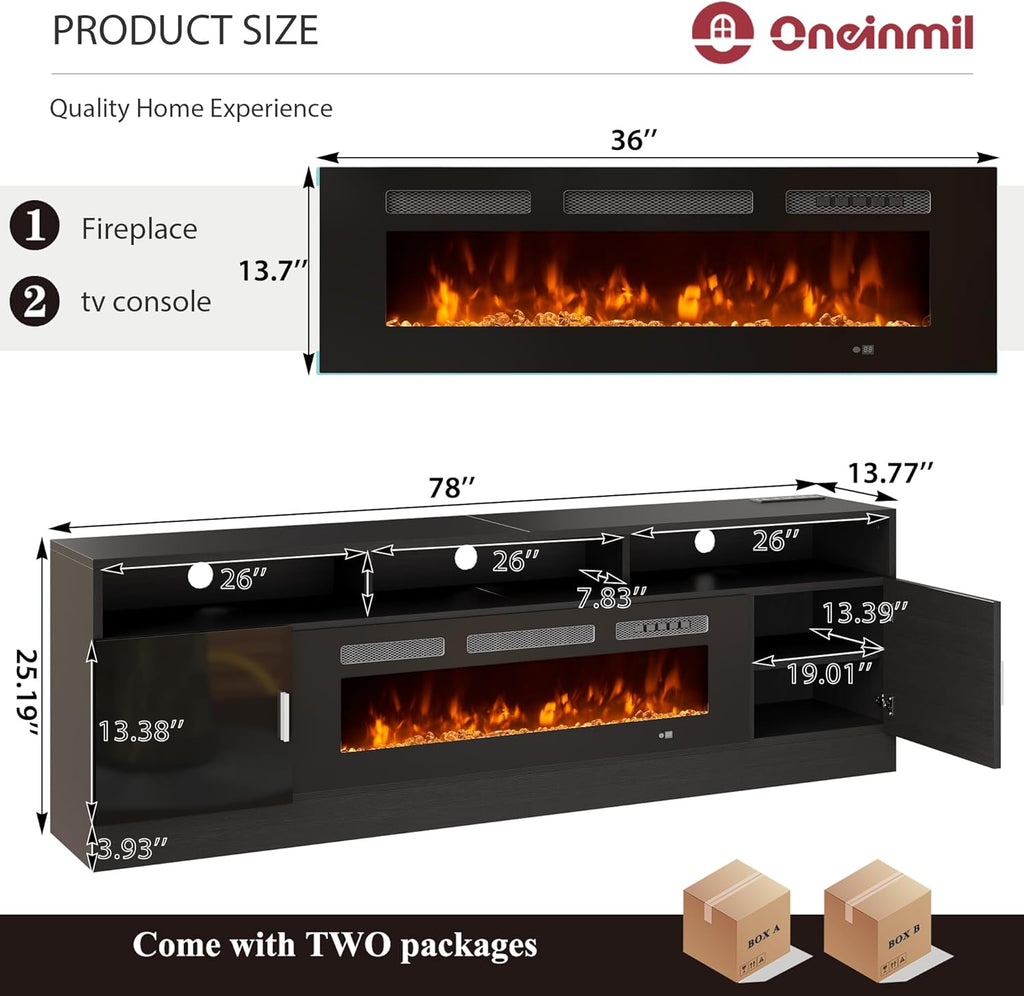 80" Fireplace TV Stand with Power Outlet for TVs UP to 90", Electric Fireplace Entertainment Center with LED Lights & Storage Cabinets, TV Console for Living Room, Office, Black-Black