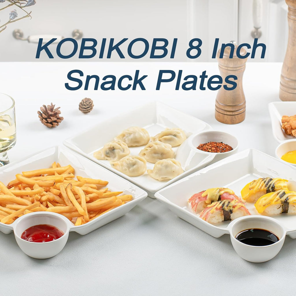 Chip and Dip Serving Platter Set of 4-8 Inch Ceramic Divided Plates with Sauce Compartment, Food-Safe Snack Plate for