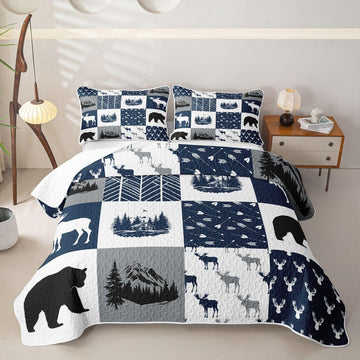 Elk Quilt Set Bear Quilt Deer Head Moose Arrow Cabin Quilted Bedspread Plaid Geometric Blue White Coverlet
